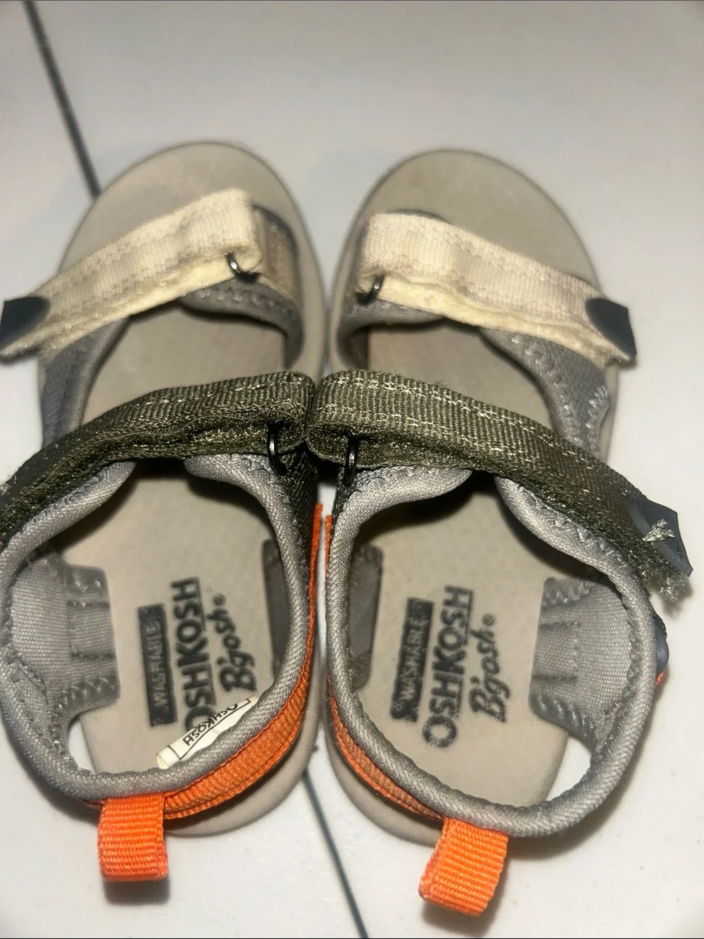 OshKosh B'gosh Gray, Olive and Cream Kids Sandals with Orange Pull Tabs